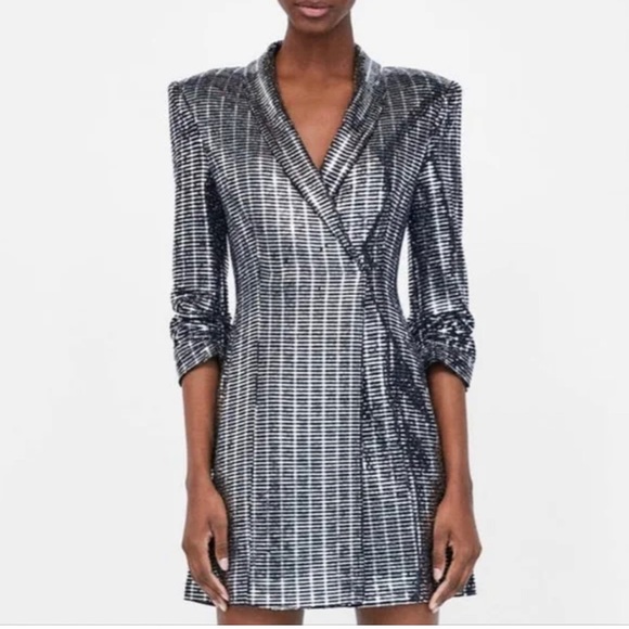 ZARA New Silver Metallic Blazer Dress Tuxedo Lapels